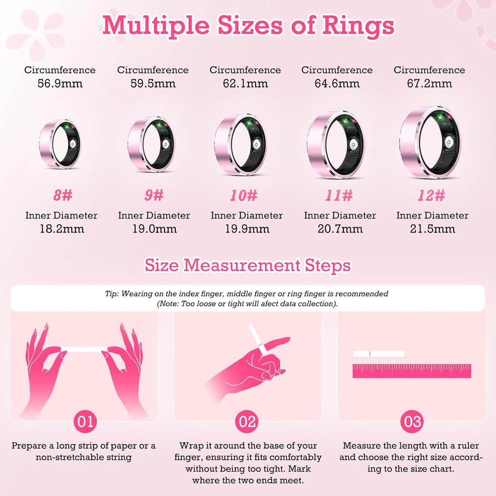 Smart Ring Health Tracker, Sleep Tracker Ring with Heart Rate, Waterproof Fitness Ring for Activity Monitoring/Steps/Distance/Calories,Air Gestures,Up to 7-Day Battery,For Ios Android (Light Pink,#10)